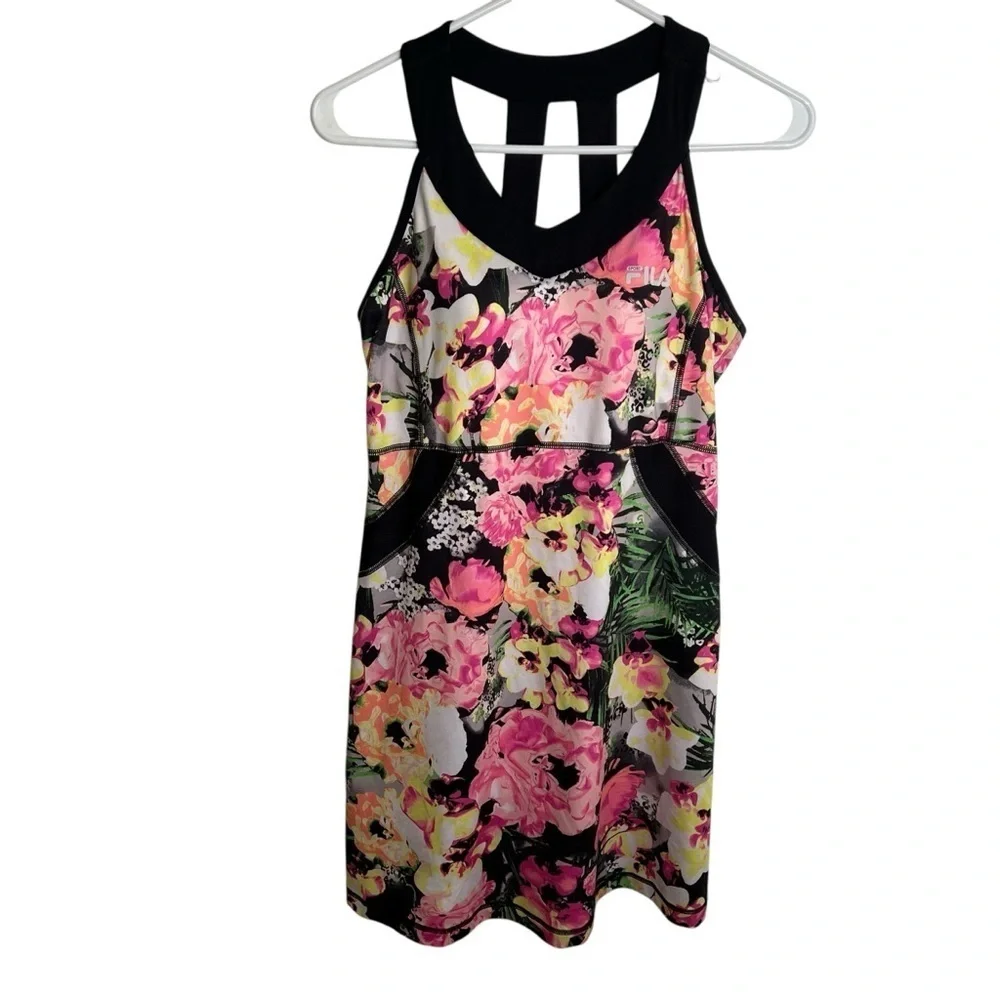 Fila Sport Womens Size Medium Athletic Dress Black Pink Floral V-Neck Sleeveless